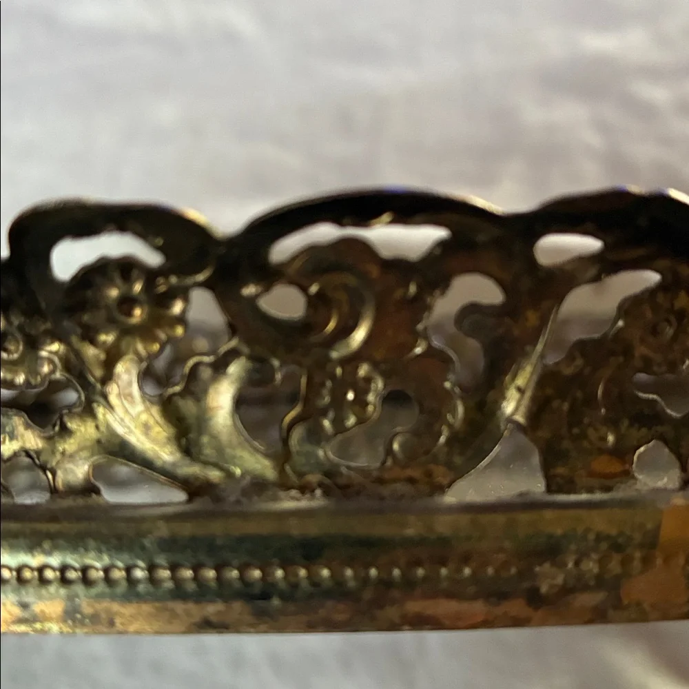 Mirrored vanity tray ornate reticulated brass filigree frame Around Oval Mirror